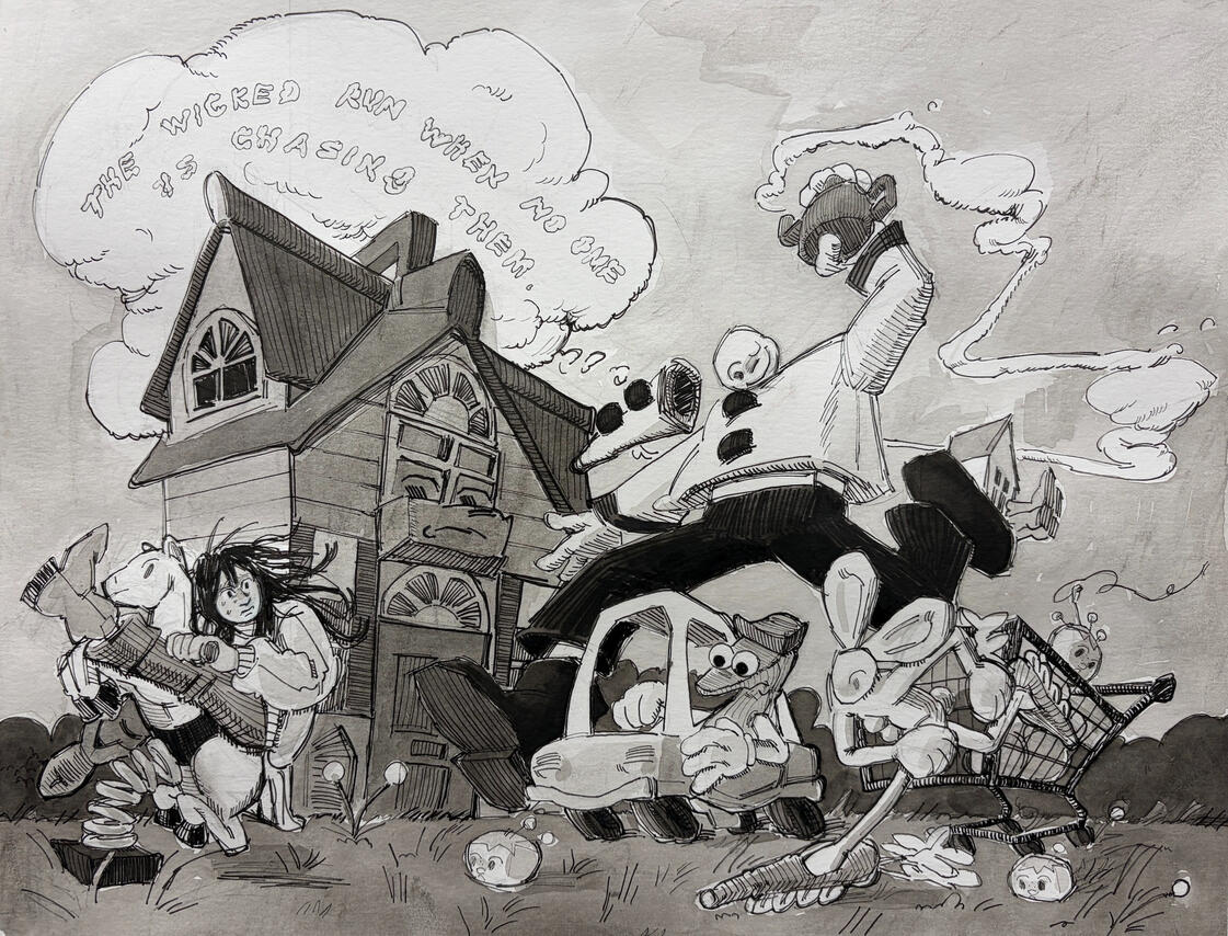 why we get going,11"x14", ink and watercolor on paper, 2026