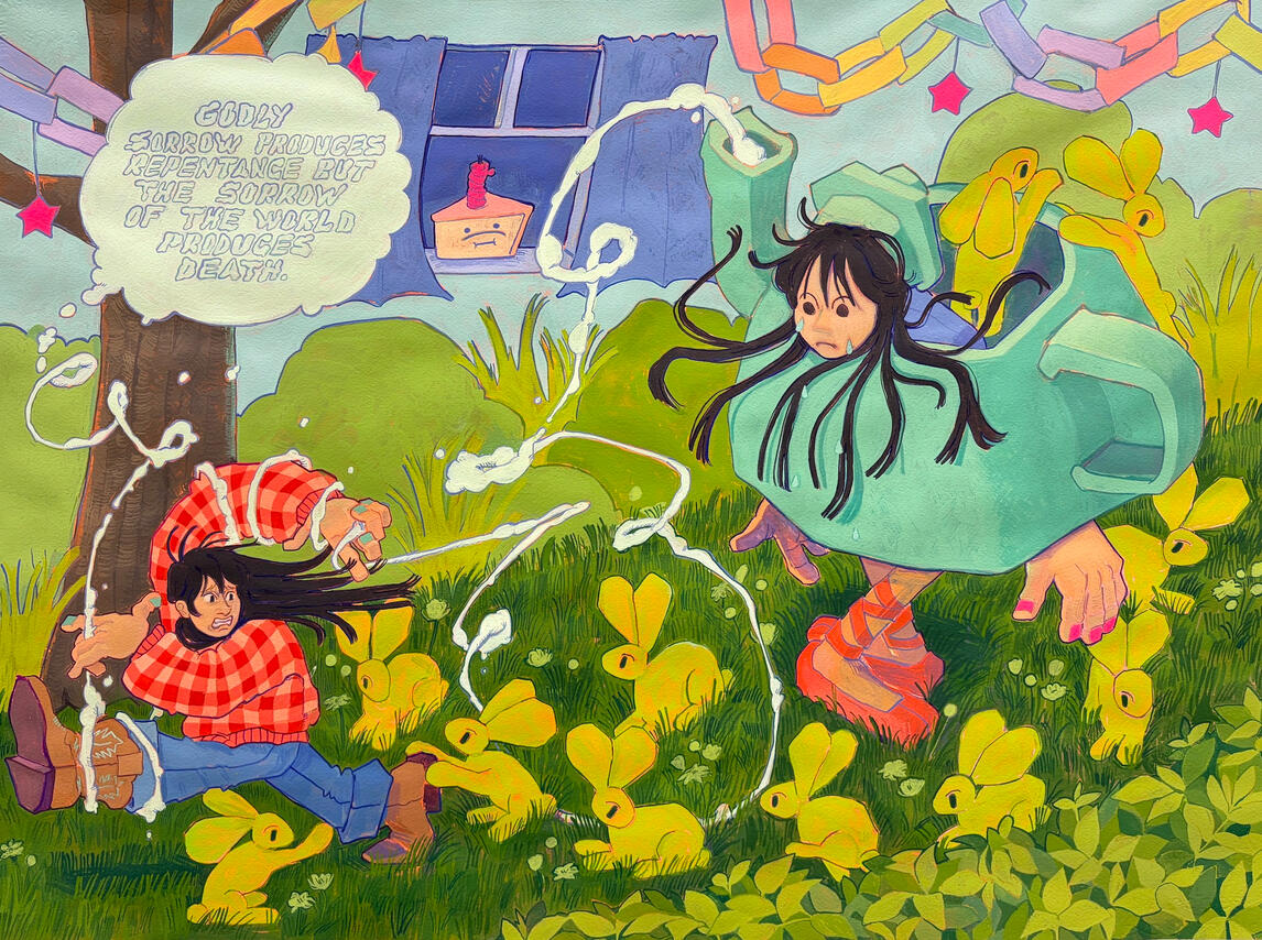 the sorry machine walks beside me, 22"x36", acrylic gouache on paper, 2026