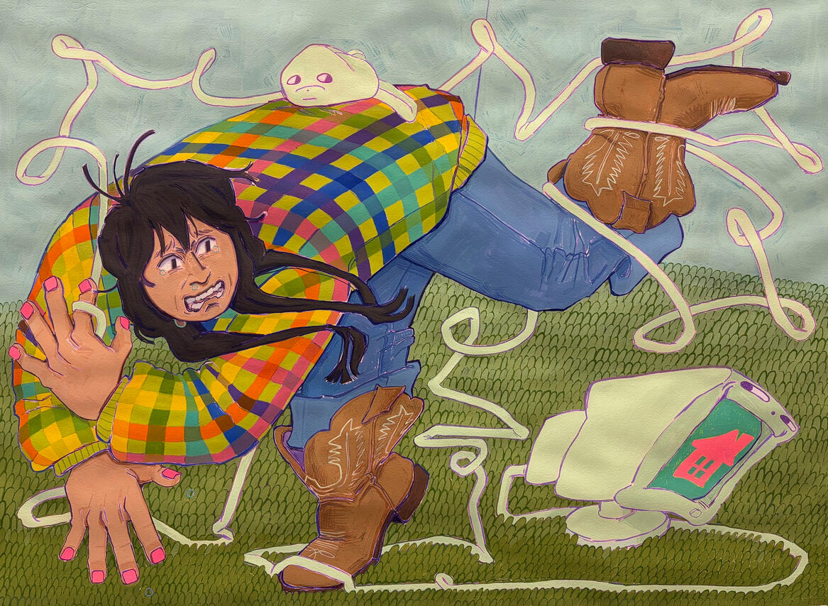 pull, tangle, trip, 22"x36", gouache on paper, 2026