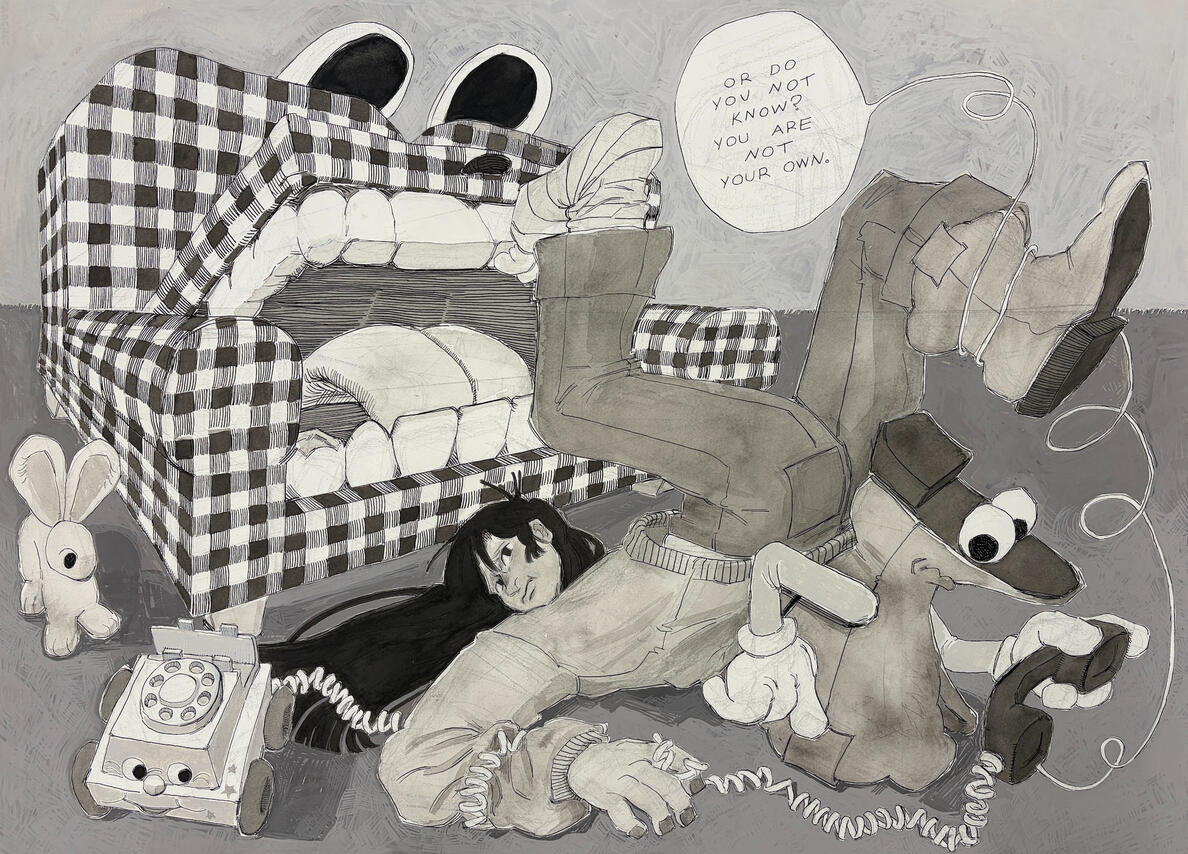 you're just a tangle in an epic chain, 22"x36", ink and acrylic gouache on paper, 2026