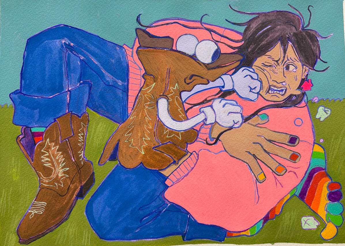 bubba the boot throws the first punch, 9"x12", gouache on paper, 2025