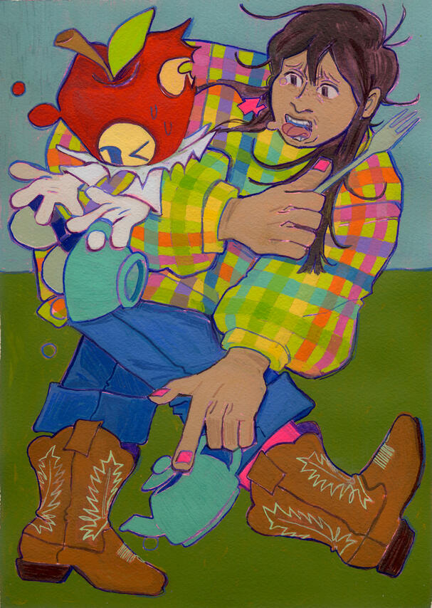 the apple will always be a part of the tree,9"x12", gouache on paper, 2025