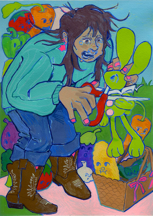 rabbit stew won't cure my heartache, 9"x12", gouache on paper, 2025