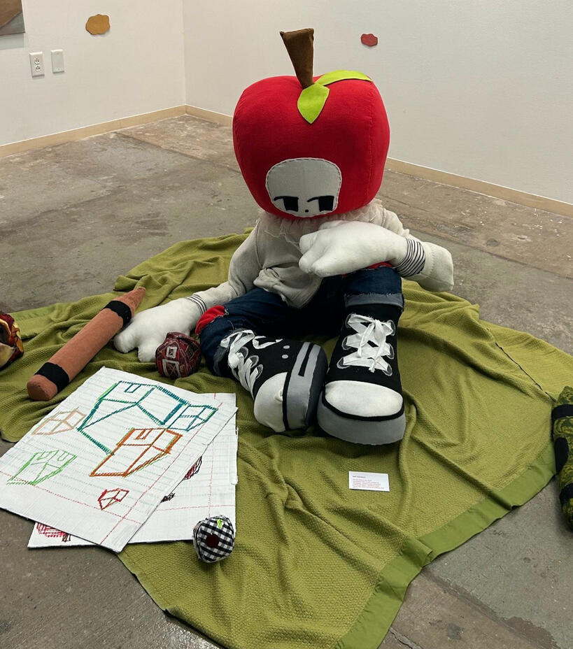 these things must go, fleece, found fabric, felt, cardboard and oil pastel, 2024