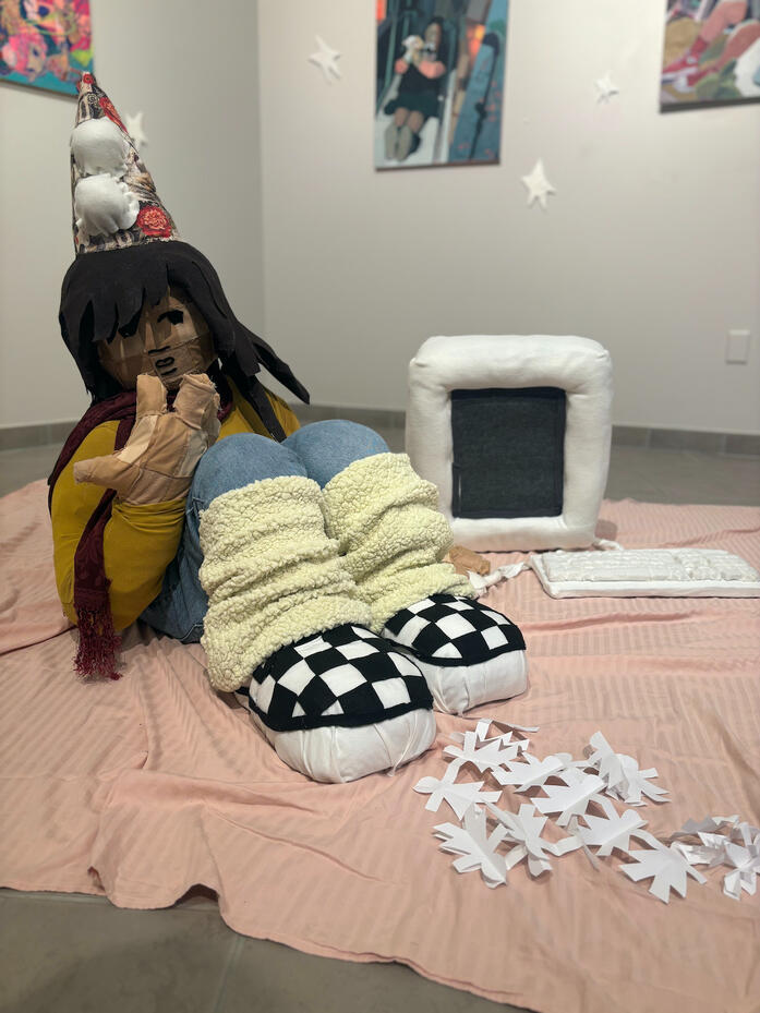 now i am a pillar of salt, fleece, found fiber, felt, and wood, 2024